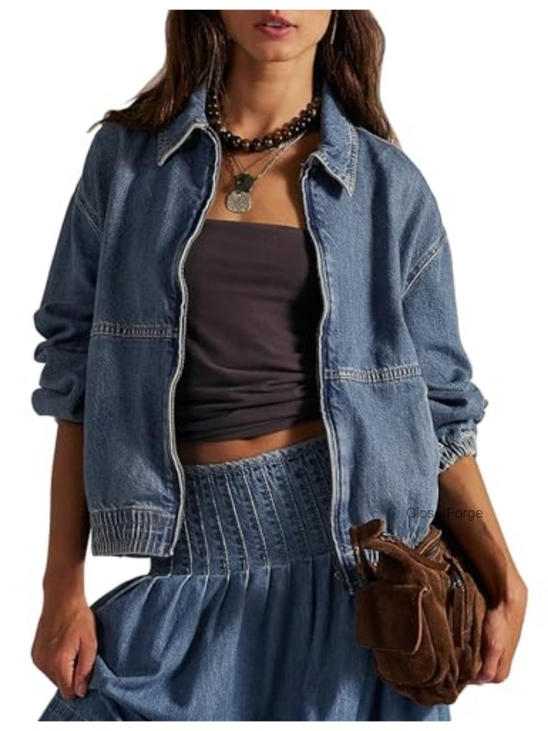 Denim Jacket Long Sleeve Zip Up Elastic Hem Classic Loose Jean Bomber Jacket